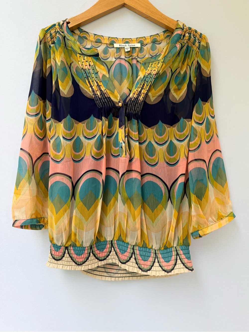 Boho Peasant Blouse Peacock Print Lined Teal Yellow Pink Bell Sleeve, M, NWOT